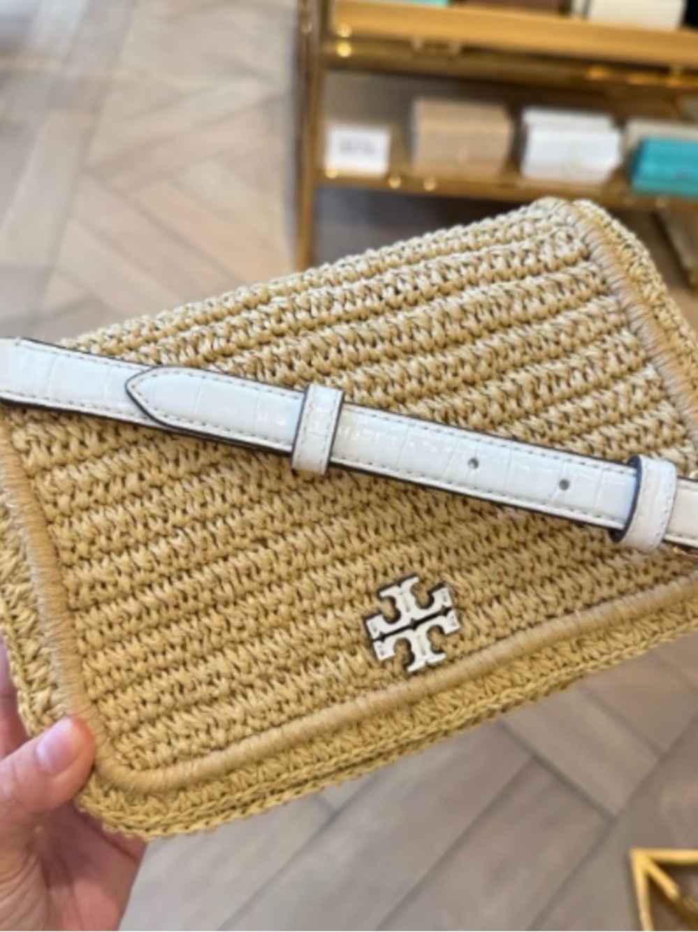 Tory Burch Straw Crossbody with White Leather Strap